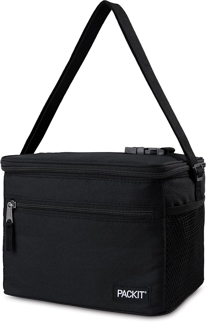 PackIt Freezable Essential Lunch Cooler, Black, Built with EcoFreeze Technology, Fully Freezable, Collapsible, Reusable, With Adjustable Crossbody Strap, Top Clip Handle, Designed for Fresh Office