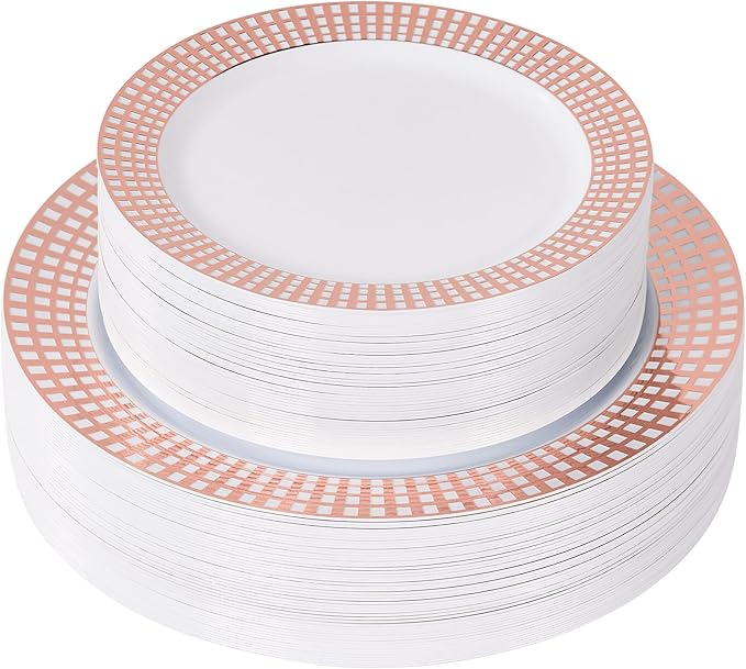 Fijinhom 100PCS Heavy Duty Gold Plastic Plates for 50 Guests, for Party, Wedding, Birthday, Dinnerware Set of 50PCS 10" Dinner Plates & 50PCS 7.5" (Rose Gold)