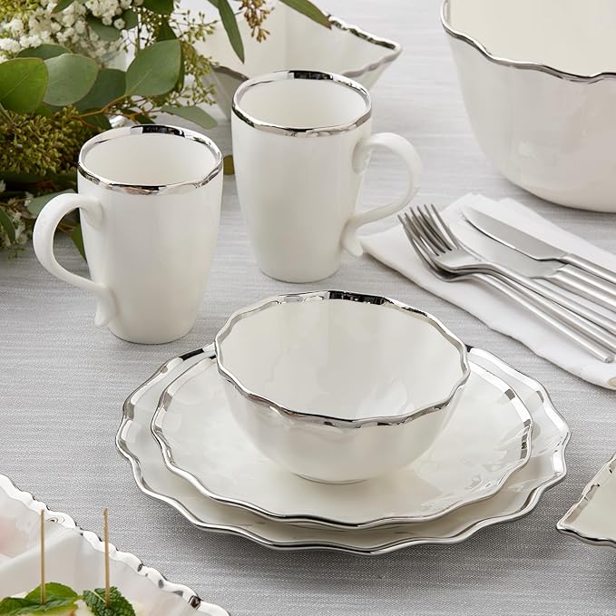 Regency Silver 9-Inch Porcelain Salad Plates – Set of 4 Elegant Silver-Trimmed Plates – Perfect for Appetizers, Salads & Desserts – Durable, Dishwasher-Safe Tableware for Everyday & Formal Dining