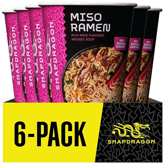 Snapdragon Miso Ramen Cup Noodles - 6 Pack Instant Ramen Bowl with Authentic Wheat Noodles, Soup Sauce Base, Vege Pack and Flavoring Chili Oil. Microwave or Hot Water, Easy Meal Prep