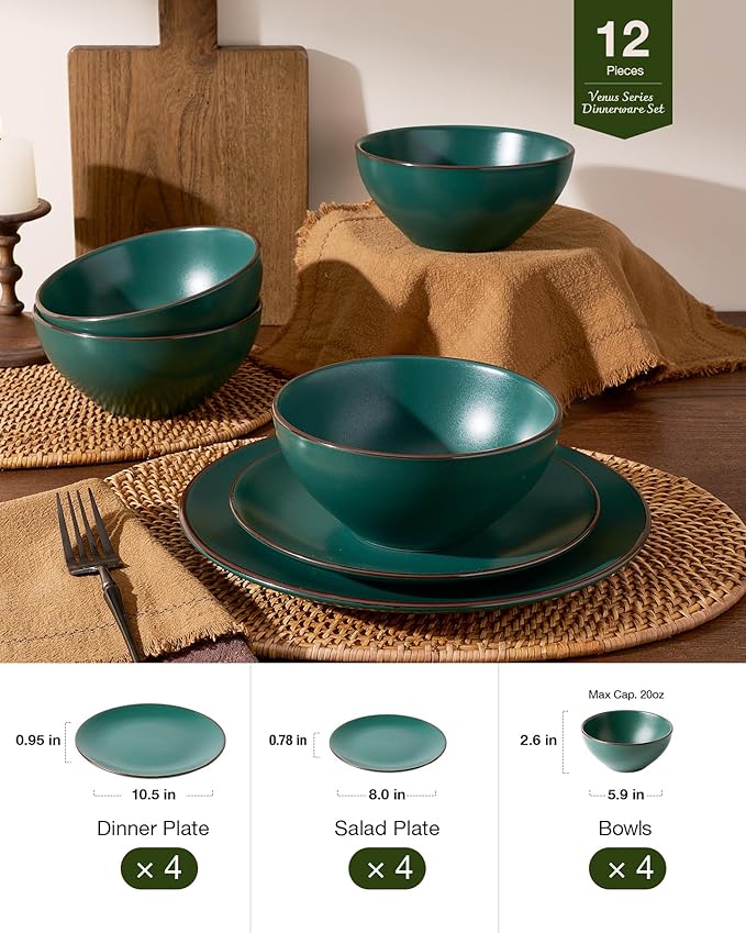 Famiware Venus Plates and Bowls Sets with Trim, 12 Pieces Speckled Stoneware Dishes Dinnerware Set for 4, Matte Dark Green - Microwave & Dishwasher Safe, Modern Minimalist, Everyday & Formal Dining