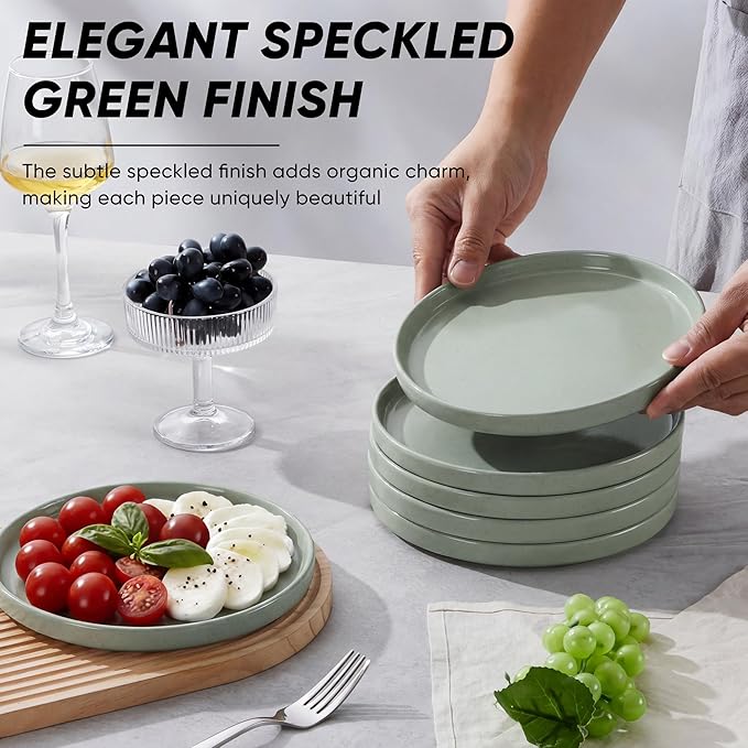 E-far 7.9 Inch Ceramic Dinner Plates, 6-Piece Stoneware Salad Plates with Raised Edges, Chip & Scratch Resistant | Microwave & Dishwasher Safe Dessert Dishes for Appetizer Salad, Speckled Green