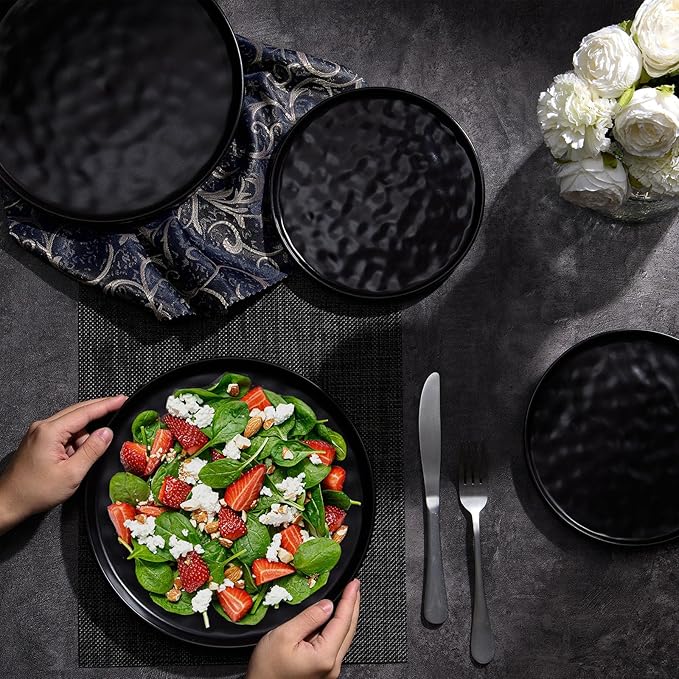 LIANYU Ceramic Dinner Plates Set for 4, 7.9In Porcelain Kitchen Salad Dessert Serving Dishes Set, Modern Round Stoneware Dinnerware Appetizer Plates, Scratch Resistant & Microwavable, Obsidian Black