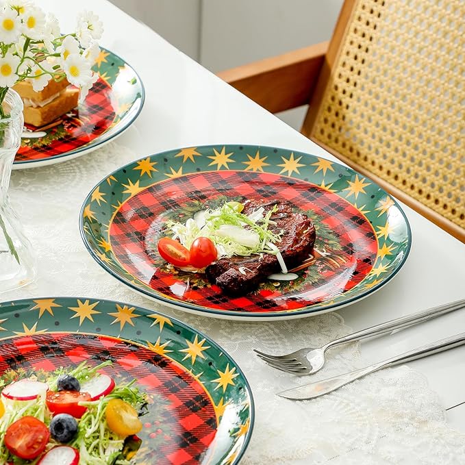 glowworm Dinner Plate Set of 6, 10.5 Inch Ceramic Dinner Plates, Salad Serving Plate for Kitchen, Restaurant, Perfect for Mom Gift, Microwave, Oven & Dishwasher Safe, Red