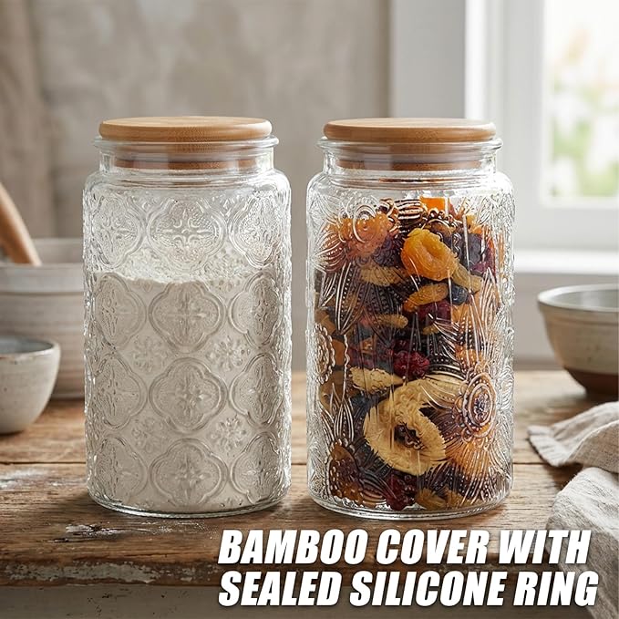 BEWAVE Vintage Glass Jar, 2 Pack, 32oz Food Storage Containers Clear Mason Jars With Airtight Lid for Kitchen Counter, Coffee, Tea, Sugar, Candy