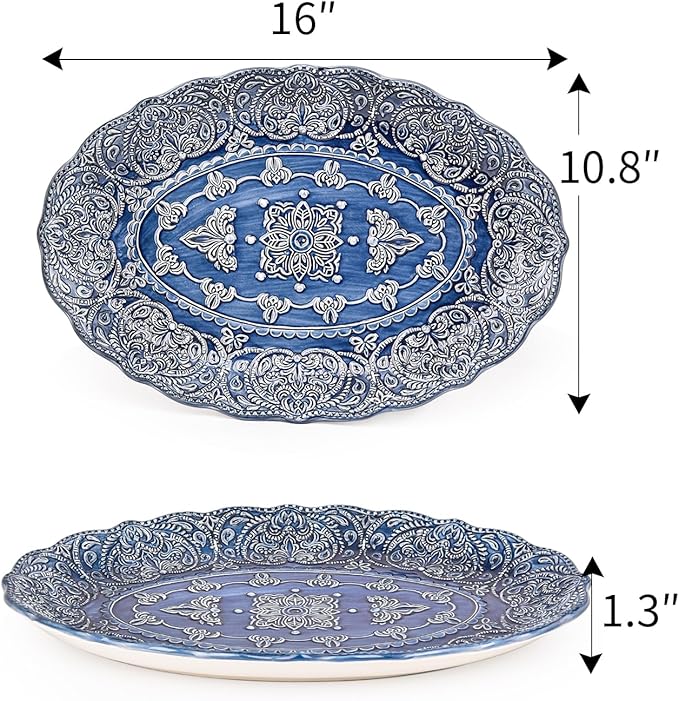Sungmor Embossed Stoneware Fine Dining Dinnerware, Antique Baroque Style Porcelain Serving Platter, Set of 2 & 16 Inch Oval Large Serving Plates, Sophisticated Ceramic Serving Dish Party Table Decor