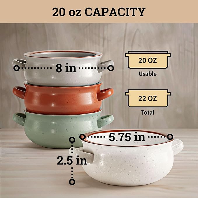 Ceramic Soup Bowls With Handles Set of 4 - 20 oz French Onion Soup Bowls Oven Safe - Dishwasher, Microwave & Oven Safe Bowl Set for Chili, Gumbo, Chowder - Soup Bowl With Handle - French Onion Crock