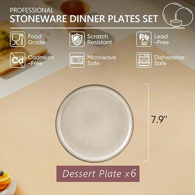 Herogo Ceramic 7.9 Inch Dinner Dessert Plates Set of 6, Small Stoneware Dinnerware Plate Set, Double Reactive Glaze Large Dinnerware Plates for Kitchen, Microwave, Oven & Dishwasher Safe, Cream Khaki