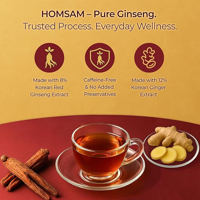 SAMSIDAE Korean Panax Red Ginseng with Ginger Tea, Box of 50 Bags, Supports Circulation, Energy, Immunity, and Digestion – Smooth Taste