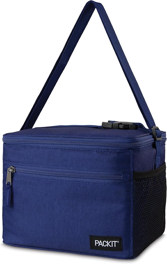 PackIt Freezable Essential Lunch Cooler, True Blue, Built with EcoFreeze Technology, Fully Freezable, Collapsible, Reusable, With Adjustable Crossbody Strap, Top Clip Handle, Designed for Fresh Office