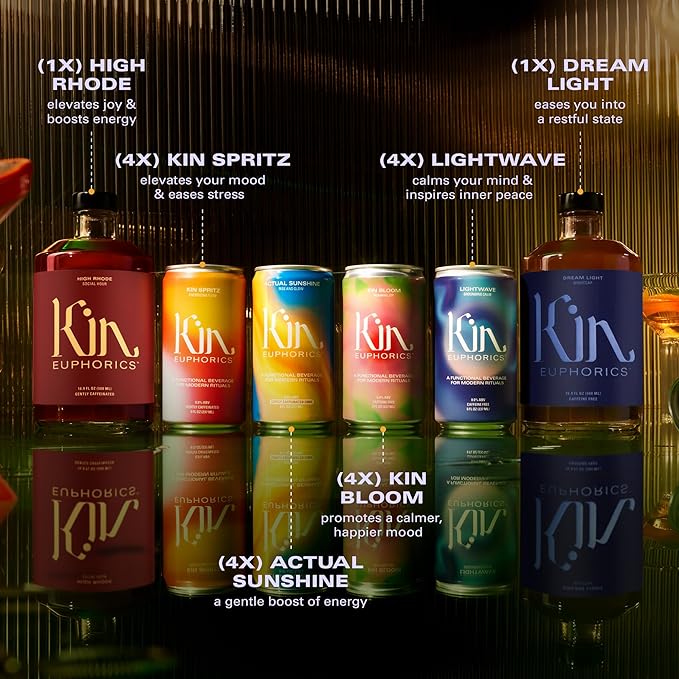 Full Kin Kit by Kin Euphorics, Non Alcoholic Spirits, Adaptogen Drinks, 16 8 Fl Oz Cans (Kin Spritz, Kin Bloom, Actual Sunshine, Lightwave), 2 x 16.9 Fl Oz Bottles (High Rhode, Dream Light)