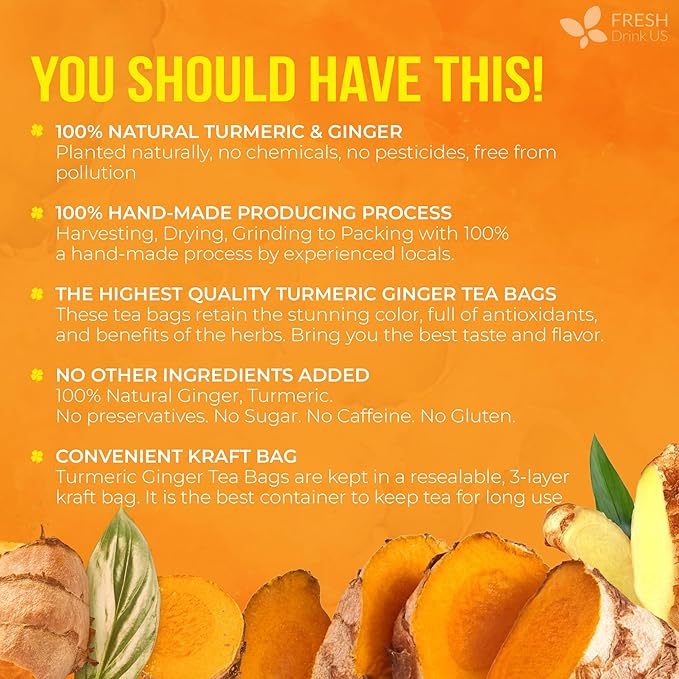 FreshDrinkUS, Premium 210 Ginger Turmeric Tea Bags, 100% Natural Ingredients, Hand-made Blend of Ginger and Turmeric Herbal Tea, Eco-conscious Tea Bags. No Sugar, No Caffeine, No Gluten, Vegan.