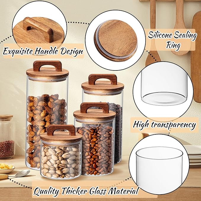 Layhit 4 Pcs Glass Food Storage Jars with Airtight Wood Lid Storage Jars Containers with Stickers Marker for Candy, Cookie, Rice, Sugar, Flour, Pasta, Nuts, 4 Size(Cylindrical)