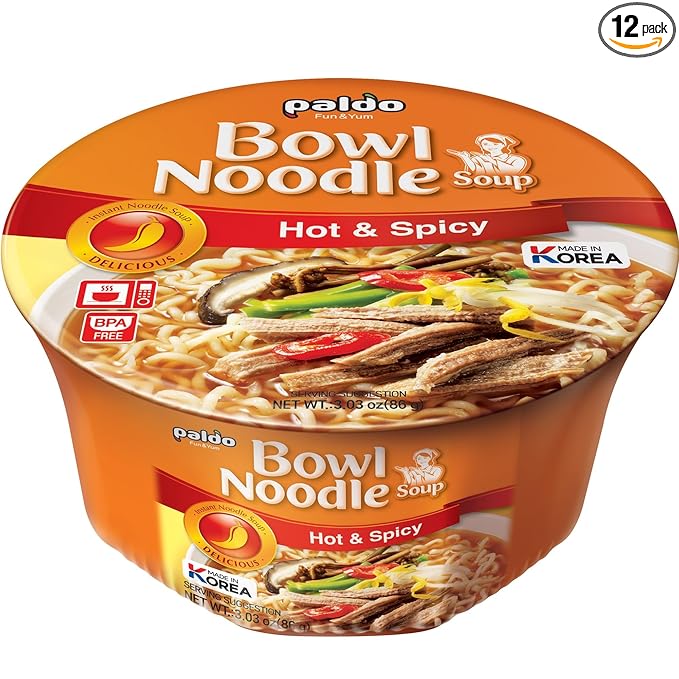 Paldo Fun & Yum Hot & Spicy Instant Cup Noodle Soup Bowl, Pack of 12, Best Oriental Style Korean Ramyun, Most Loved Korean Noodles, 팔도 육개장 사발면 86g (3.04 oz) x 12