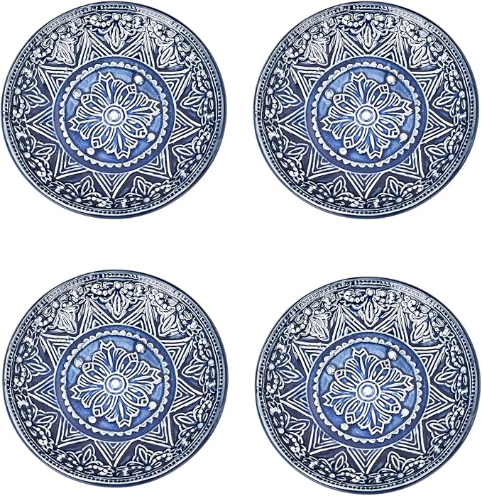 Sungmor Embossed Stoneware Fine Dining Dinnerware, Antique Baroque Style Porcelain 4 Inch Soy Saucer Dish, Set of 4 Sophisticated Ceramic Dipping Bowl, Appetizer Dessert Plate, Ketchup, Spices Bowl