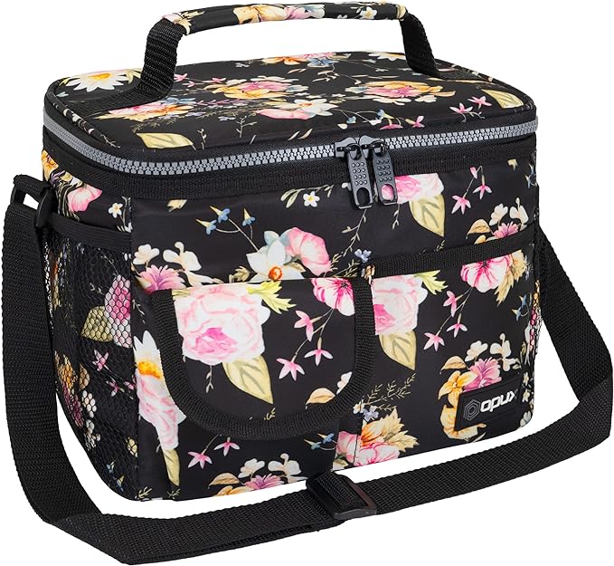 opux Insulated Lunch Box for Men Women Kids, Leakproof Reusable Lunch Bag Cooler for Work School Office, Soft Thermal Lunchbox Tote with Shoulder Strap for Boys Girls Adults, Floral Black, 14 Can/8L
