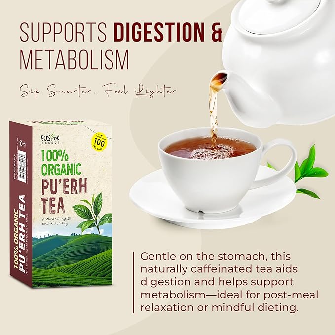 Fusion Select 100% Organic Pu'erh Tea - Natural Chinese Herbal Tea for Calmness, Relaxation, Wellness - Rich in Vitamins & Antioxidants - No Calories, Sugar, Fat - 100 Individually Wrapped Tea Bags