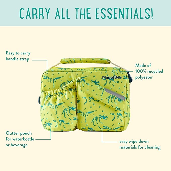 PlanetBox Insulated Lunch Bag – Banana Dino Edition Carry Bag with Pockets for Water Bottle and Snacks – Durable, Easy to Clean, and BPA Free