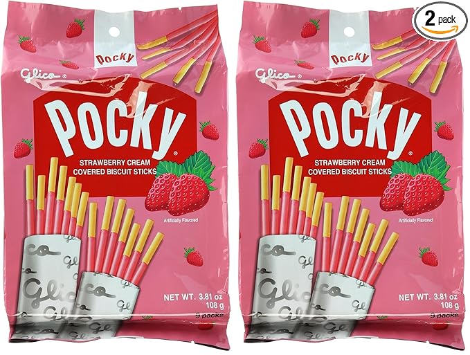 Glico Pocky, Strawberry Cream Covered Biscuit Sticks (9 Individual Bags), 3.81 oz (Pack of 2)