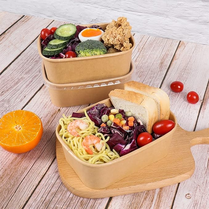 25 oz Disposable Kraft paper bowls with lids, Rectangle Food containers Soup Bowls Party Supplies Treat Bowls 50 Pack