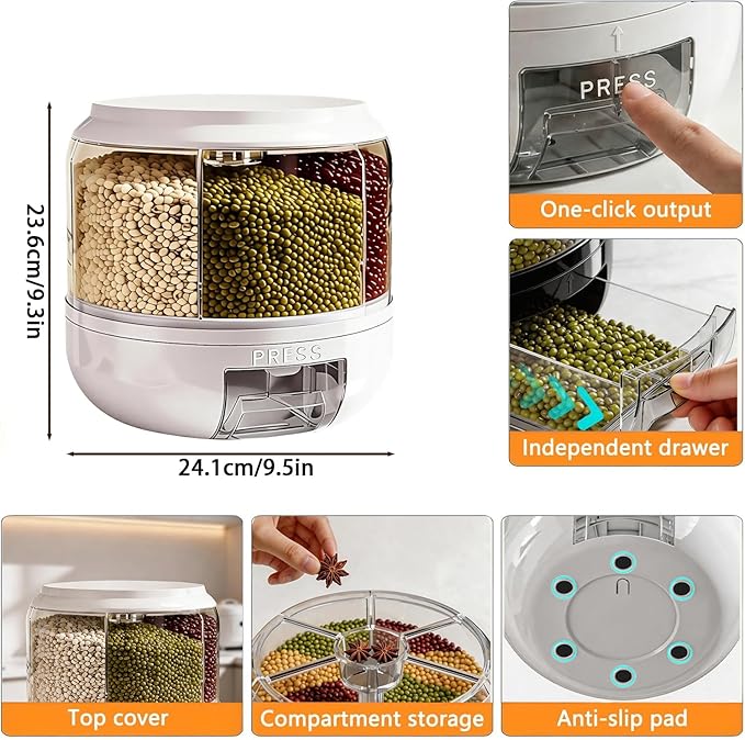 360° Rotating Grain Dispenser | 6-Grid Rice Dispenser with One-Click Dispensing | Airtight Cereal Container for Rice, Beans, Grains Storage (White, Small)