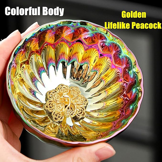 Jianzhan Tenmoku Tea Cup with Golden Peacock, 3D Chinese Kungfu Tea Cup Porcelain Master Teacup - 5 oz
