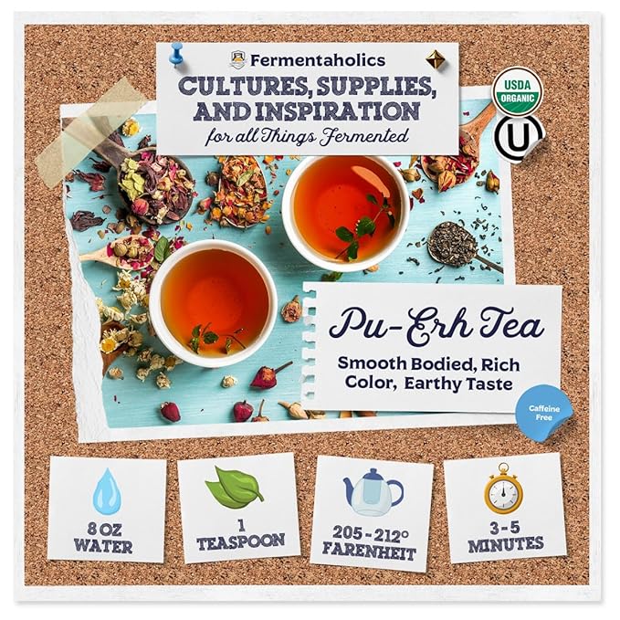 Fermentaholics Organic Cooked (Shou) Pu-Erh Tea Leaves – 4 oz – USDA Organic & OU Kosher Certified – Loose Leaf for Kombucha Brewing, Hot or Iced Tea