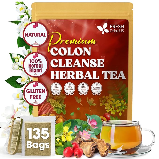 FreshDrinkUS, Premium Colon Cleanse Tea – 135 Tea Bags – Rhubarb Root & Hawthorn Berry with Senna, Lotus Leaf, Valerian Root & Psyllium Husk – Herbal Blend, Caffeine-Free. Vegan