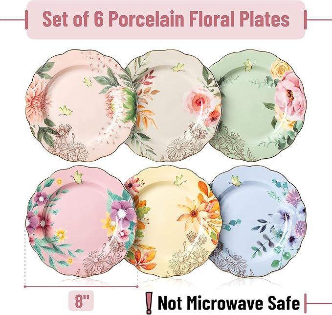 BTaT- Porcelain Floral Plates, 8 inch, Set of 6, Royal Dessert Plates, Appetizer Plates, Floral Plates, Salad Plates, Small Plates, Small Plates Set, Small Dishes, Dinnerware