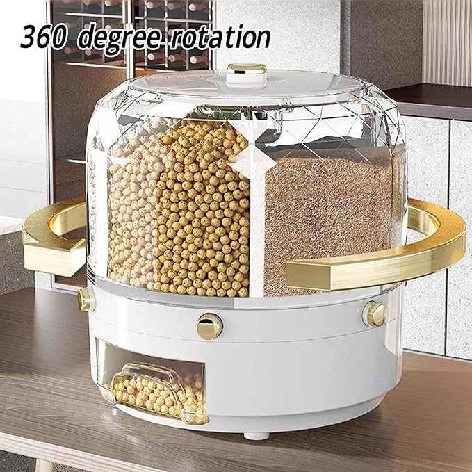 Grain Storage Container Rotatable Rice Dispenser Box 6 Grid Grain Dispenser 360 Degree Rotating Food Dispenser Cereal Dispenser Countertop for Beans Rice Grains(white)