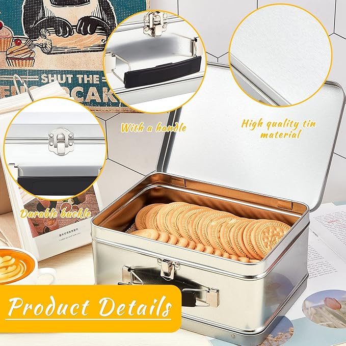 Rtteri 12 Pack DIY Lunch Box Tin Retro Set 8 x 6 x 4 Inches with Hinged Lids DIY Large Box for Storage Blank Design Vintage Metal Lunchbox for Kids Sandwich Containers (Silver)