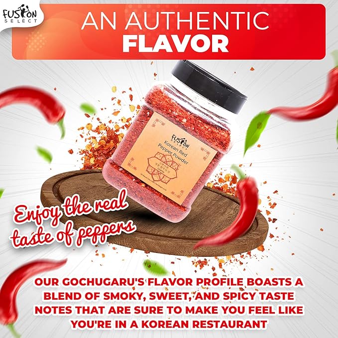 Fusion Select Korean Premium Non-GMO Gluten Free Red Chili Pepper Flakes Powder, Crushed Red Pepper Premium Gochugaru For Kimchi Seasoning, Chicken, Pork, Fish, Vegetables Hot Pepper Flakes (6 Oz Jar)