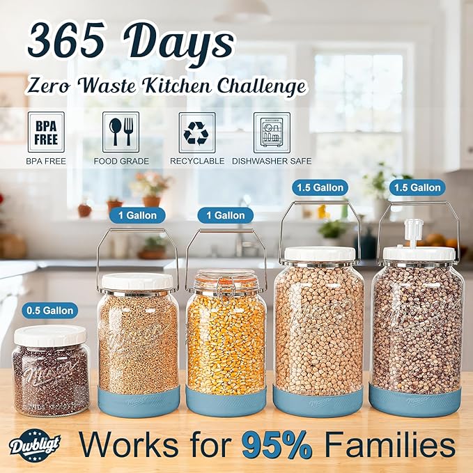 2 Packs 1 Gallon Glass Jars with Airtight Lids, Wide Mouth Mason Jars with Clip Top & Stainless Steel Handle & Silicone Base, Glass Storage Containers for Kitchen Storage, Pickling-Dual Scale