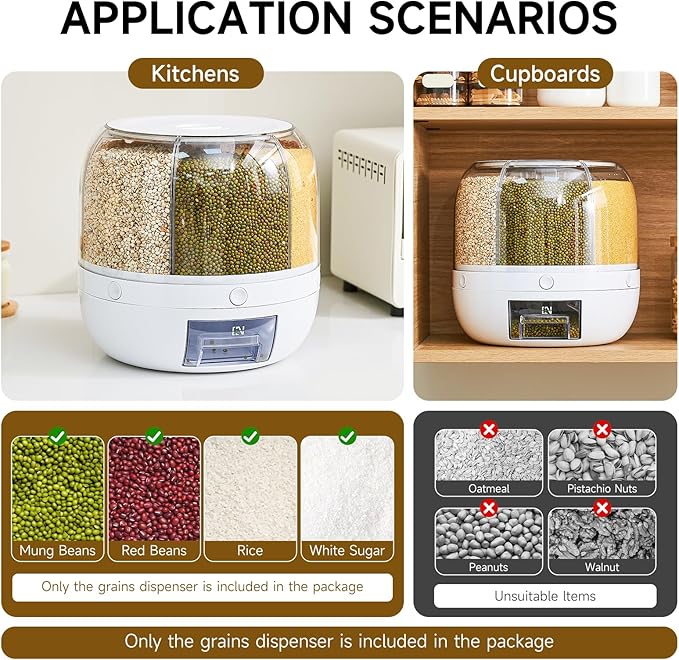 UFORU Rice Dispenser | 360° Rotating Grain Storage Bin - 6 Grids, 20LBS Large Capacity Food Container, Moisture-Proof, One-Click Output for Rice, Beans & Pet Food - Kitchen Pantry Organizer
