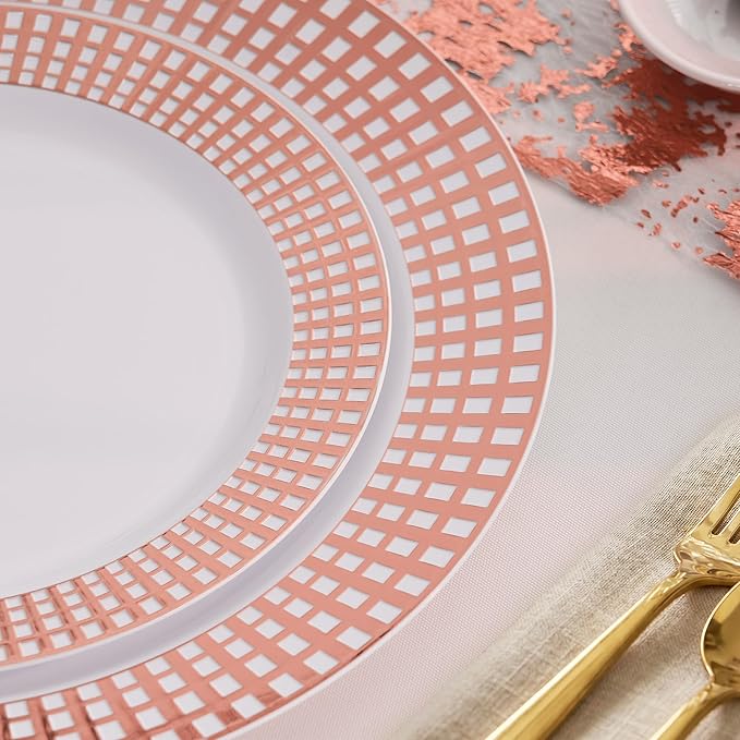 Fijinhom 100PCS Heavy Duty Gold Plastic Plates for 50 Guests, for Party, Wedding, Birthday, Dinnerware Set of 50PCS 10" Dinner Plates & 50PCS 7.5" (Rose Gold)