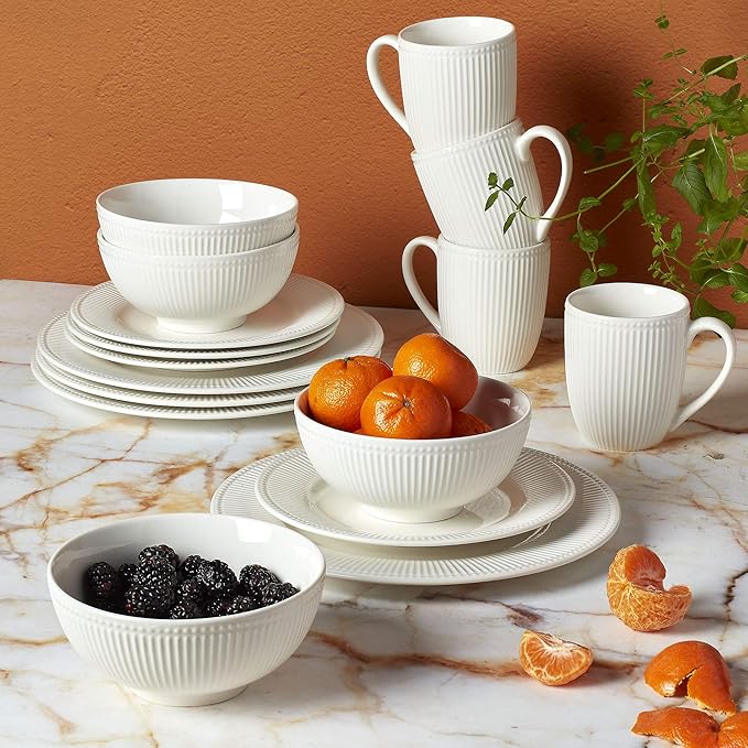 Tabletops Gallery Embossed Bone White Porcelain Round Dinnerware Collection- Chip Resistant Scratch Resistant, Fleur 16 Piece Dinnerware Set (Dinner Plate, Salad Plate, Cereal Bowl, Mug)