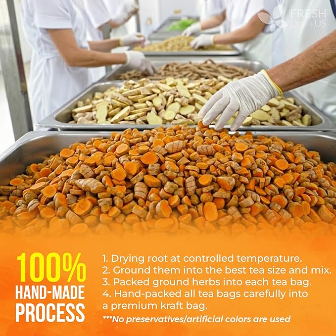 FreshDrinkUS, Premium 45 Ginger Turmeric Tea Bags, 100% Natural Ingredients, Hand-made Blend of Ginger and Turmeric Herbal Tea, Eco-conscious Tea Bags. No Sugar, No Caffeine, No Gluten, Vegan.