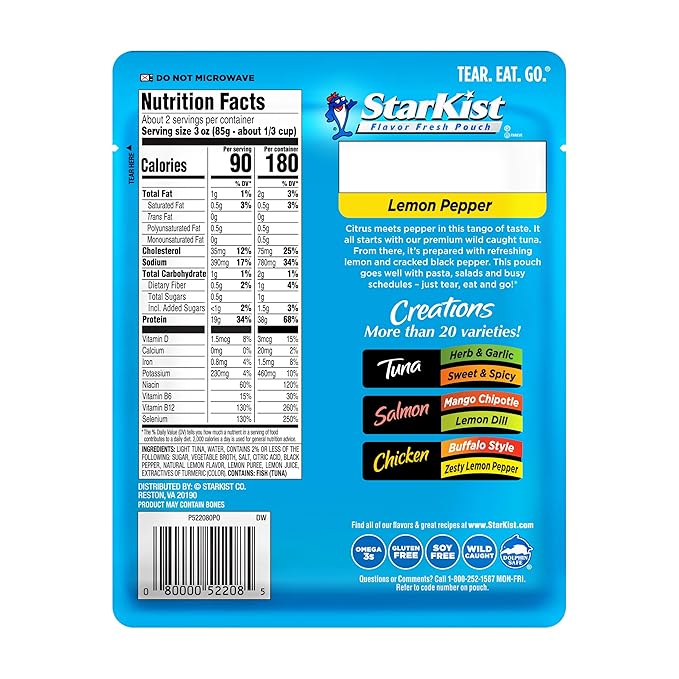 StarKist Tuna Creations Lemon Pepper Pouch (6 oz - 12 Pack) Wild Caught, High Protein Shelf Stable Seafood, Gluten Free, Soy Free, No Draining, Ready to Eat for Salads and Sandwiches