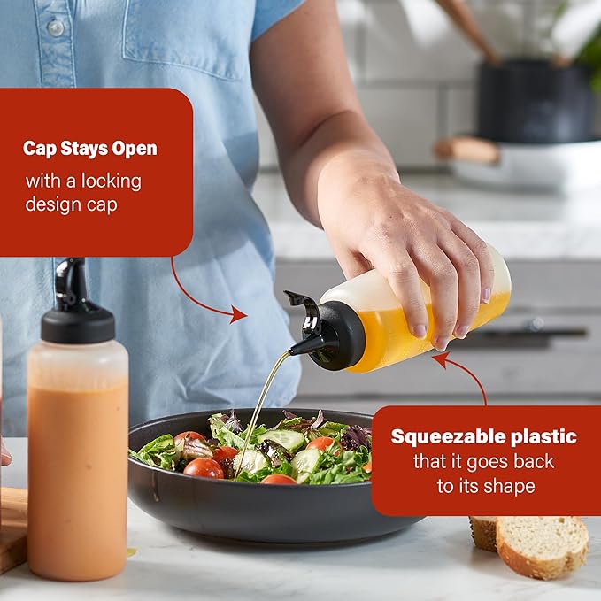 6 Pack Condiment Squeeze Bottles - 8 Oz Squirt Bottles with Leak Proof Snap Cap, Easy Pour Sauce Bottles for Liquids, Ketchup, Oil