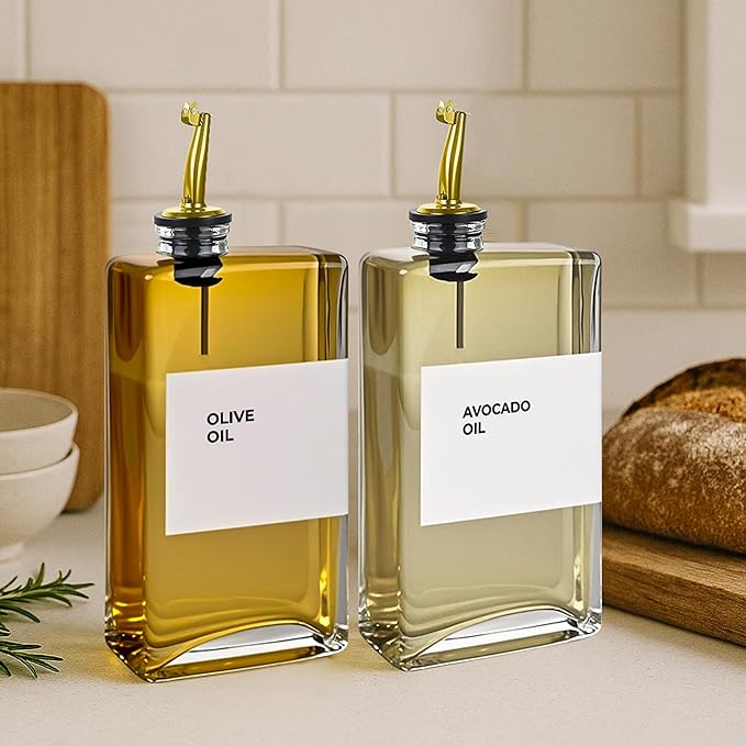 Spaceneat Olive Oil Dispenser Bottle - Includes 44 Kitchen Essential Labels - Cooking Oil Bottles for Kitchen, Coffee Syrup Dispenser - Pourer Spout with 11.8 fl oz Glass Container Cruet - 4pcs, Gold