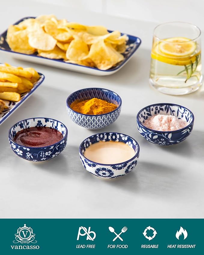 vancasso 2.7 Oz Ceramic Mini Dipping Bowls Set of 6, 3 Inch Small Dip Bowls for Sauce, Soy Sauce, Sushi, Condiments & Side Dishes, Chinoiserie Floral Style, Microwave & Dishwasher Safe, SELENE Series