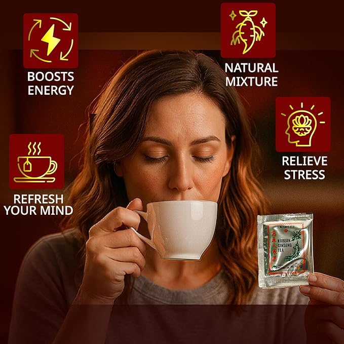 Korean Ginseng Tea - Caffeine Free, 3g Single-Serve Powder 100 Sachets, Improves Blood Circulation, Intellectual Performances and Memory, stimulates Energy