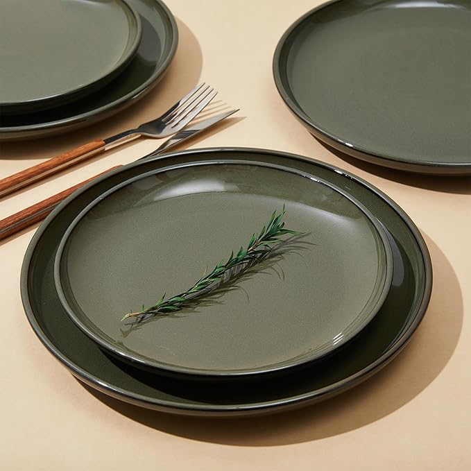 Pokini Santorini Mist Terracotta Reactive Glaze Plates and Bowls Sets, Stoneware Dinnerware Sets, Microwave and Dishwasher Safe Ceramic Dish Set Service for 4, Blackish Green