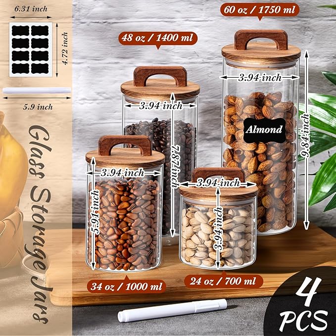 Layhit 4 Pcs Glass Food Storage Jars with Airtight Wood Lid Storage Jars Containers with Stickers Marker for Candy, Cookie, Rice, Sugar, Flour, Pasta, Nuts, 4 Size(Cylindrical)