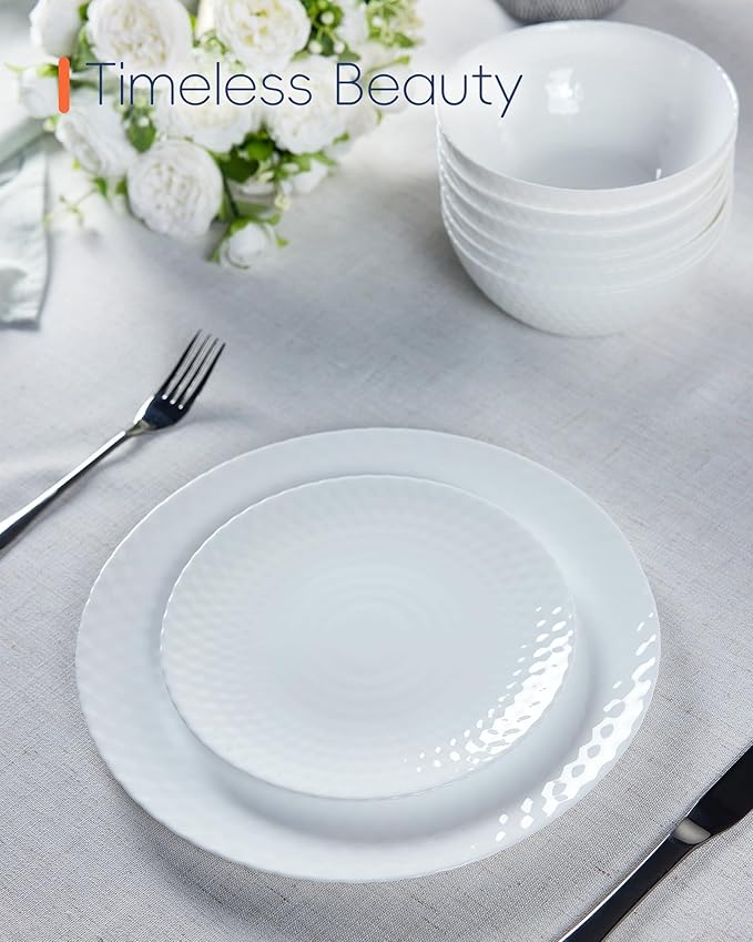 LaGlint 10.5 inch Dinner Plate Set of 6, Round Opal Glass Geometric Faceted White Dinnerware Plates, Dishwasher and Microwave Safe