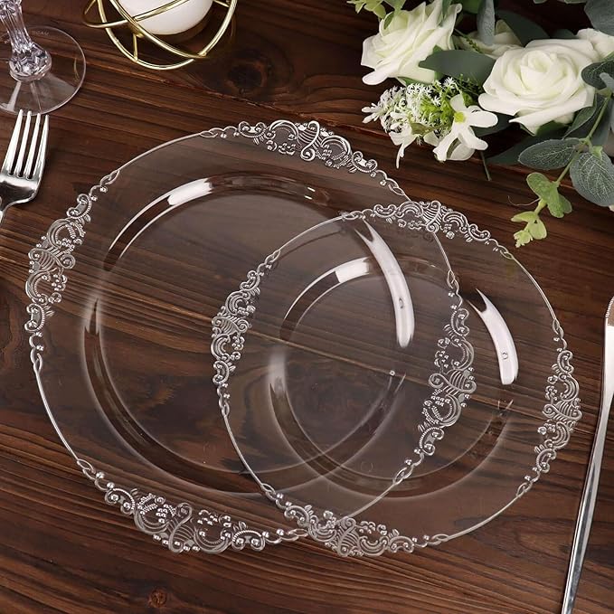 Efavormart 10 Pack | 8" Clear and Silver Baroque Dessert Plates, Leaf Embossed Metallic Rim Shatterproof Appetizer Plates for Modern Winter Galas