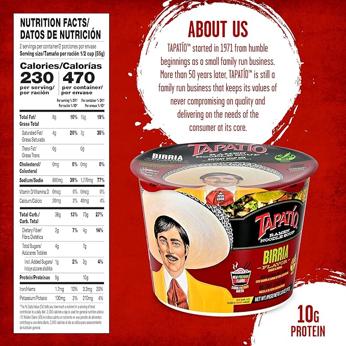 Tapatío Ramen Noodle Soup, Birria Flavored - Microwaveable Big Bowl, 3.88 oz. (110g), 6-Pack