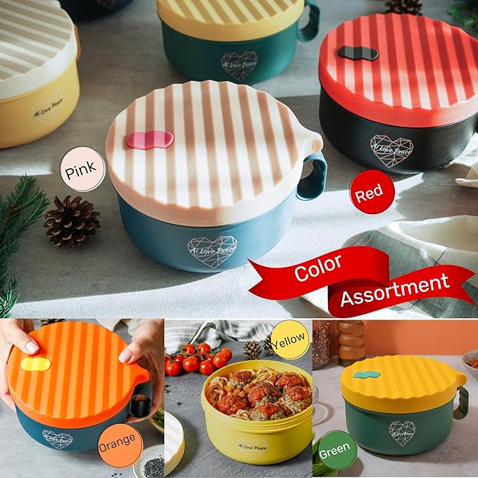 AI LOVE PEACE Ramen Bowls, 40 oz Large Microwavable Noodle Bowls (2 Red) with Wooden Utensils, Chopsticks, and Utensil Bag, Portable Microwave Bowl for Home, Office, Dorm, or College Gift.