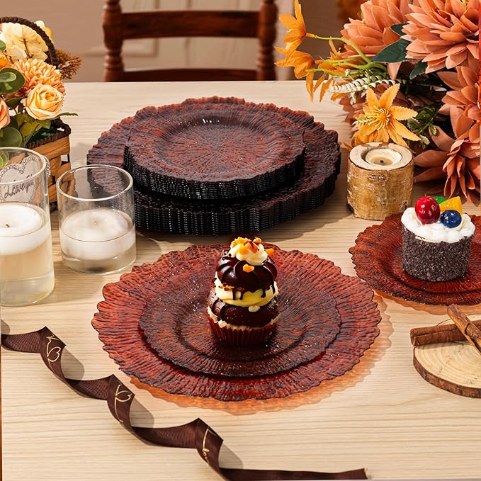U-QE 60PCS Amber Plastic Plates - Clear Brown Plastic Plates Disposable Heavy Duty - Disposable Plates for Party Including 30PCS 10'' Dinner & 30PCS 7'' Dessert