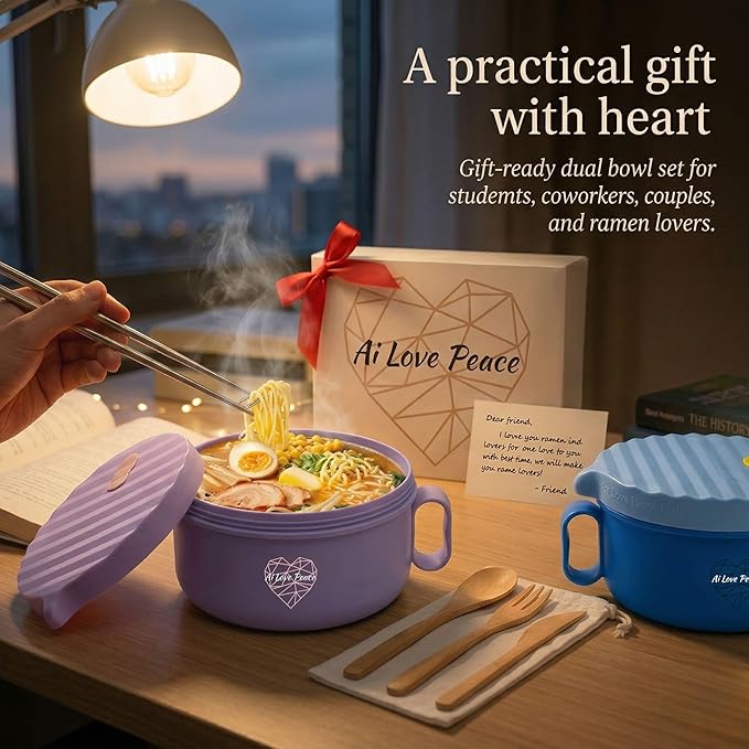 AI LOVE PEACE Ramen Bowls, 40 oz Large Microwavable Noodle Bowls (1 Blue, 1 Purple) with Chopsticks, Sporks, and Utensil Bag, Portable Microwave Bowl for Home, Office, Dorm, or College Gift.
